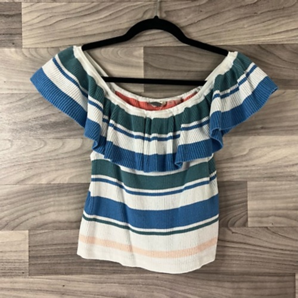 Roxy Womens Cropped Sweater Blue Striped Cap Sleeve Ruffle Ribbed Knit M‎